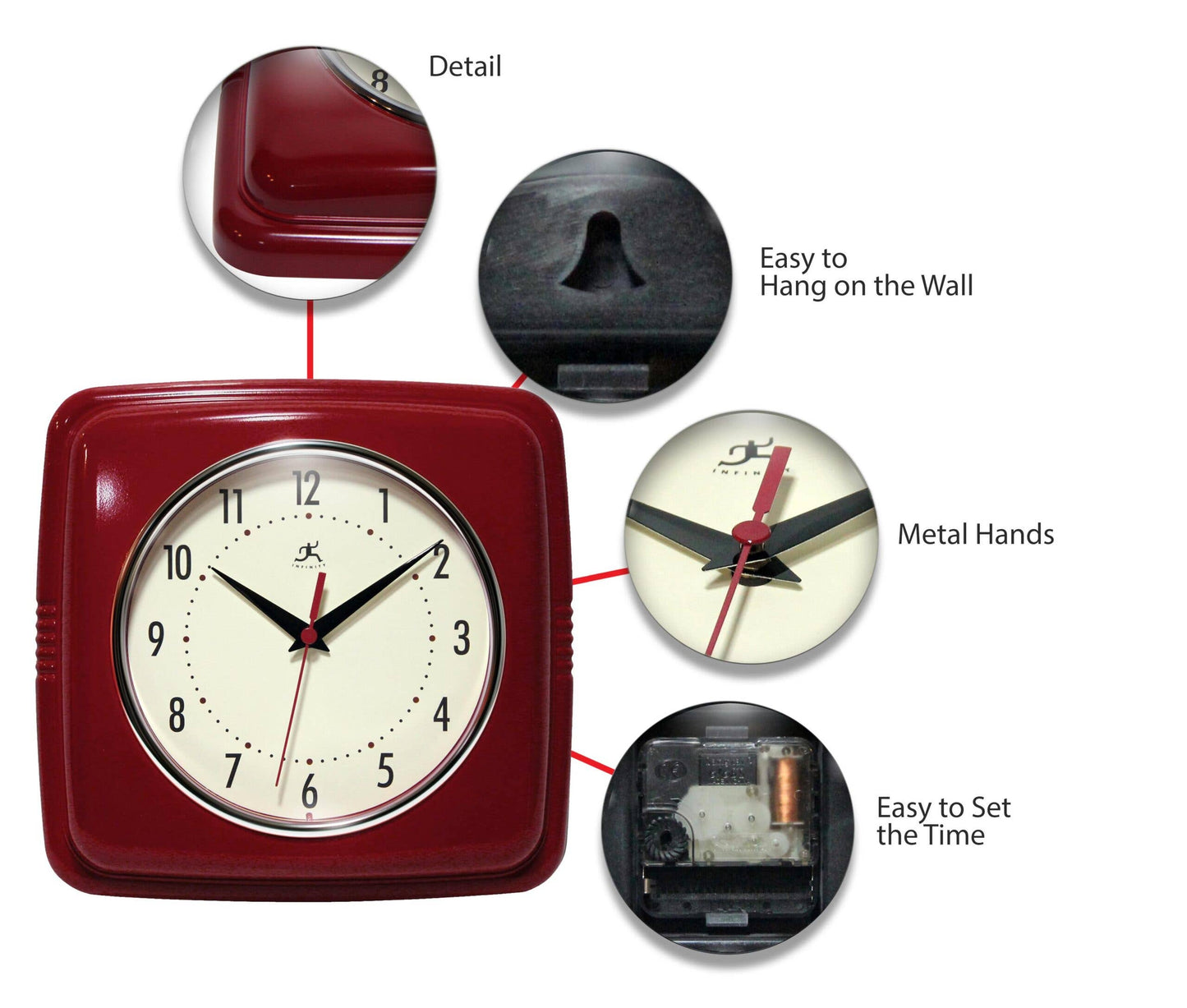 Retro Square Red Indoor Wall Clock