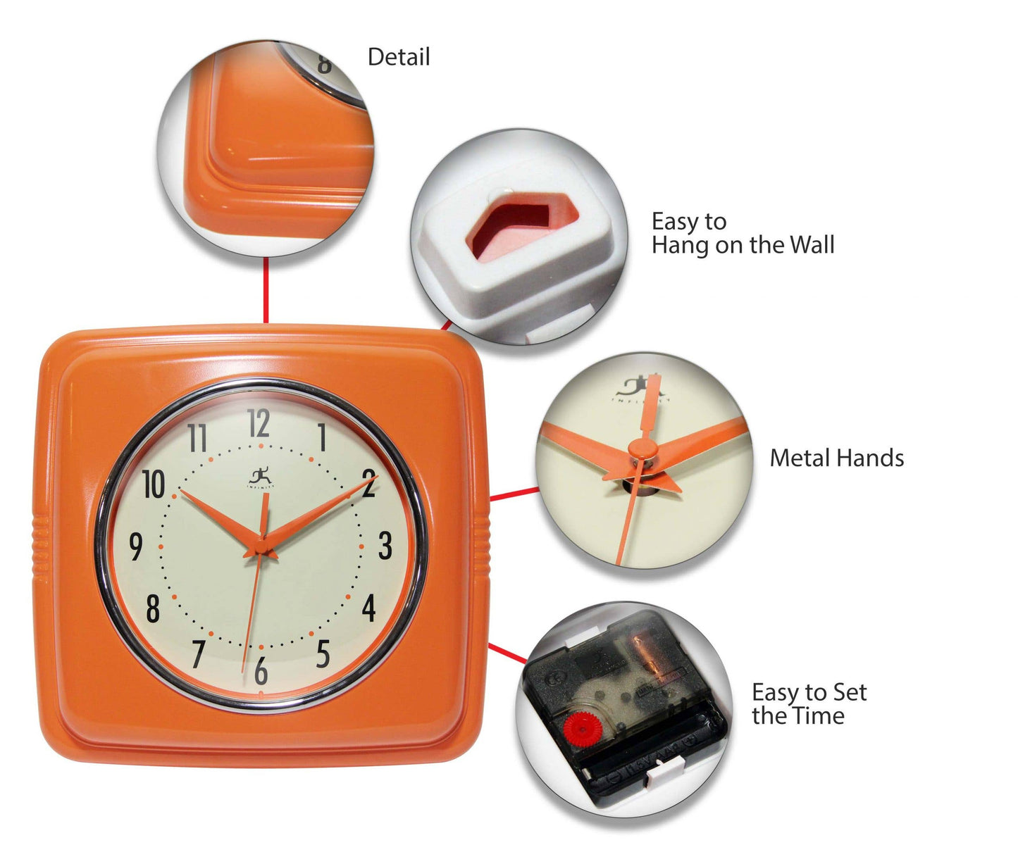Retro Square Orange Indoor Wall Clock 9.25 Inch