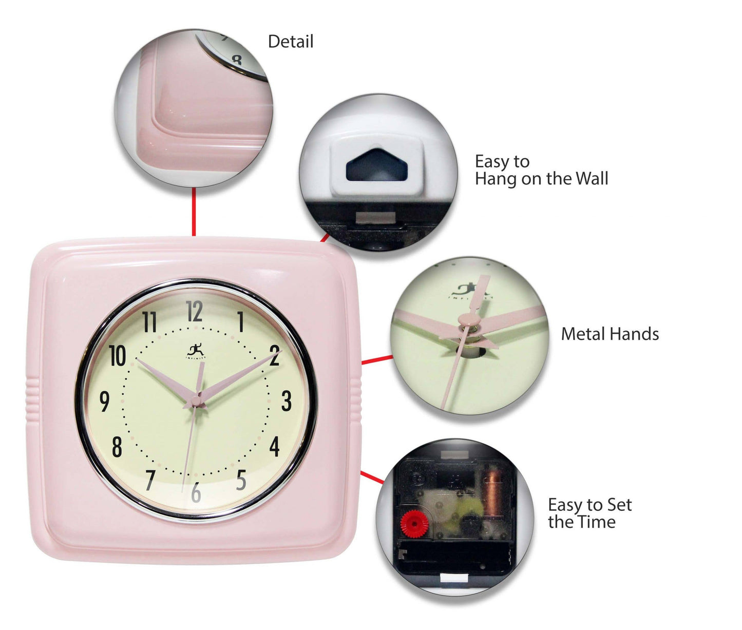 Retro Square Pink Indoor Wall Clock 9.25 Inch