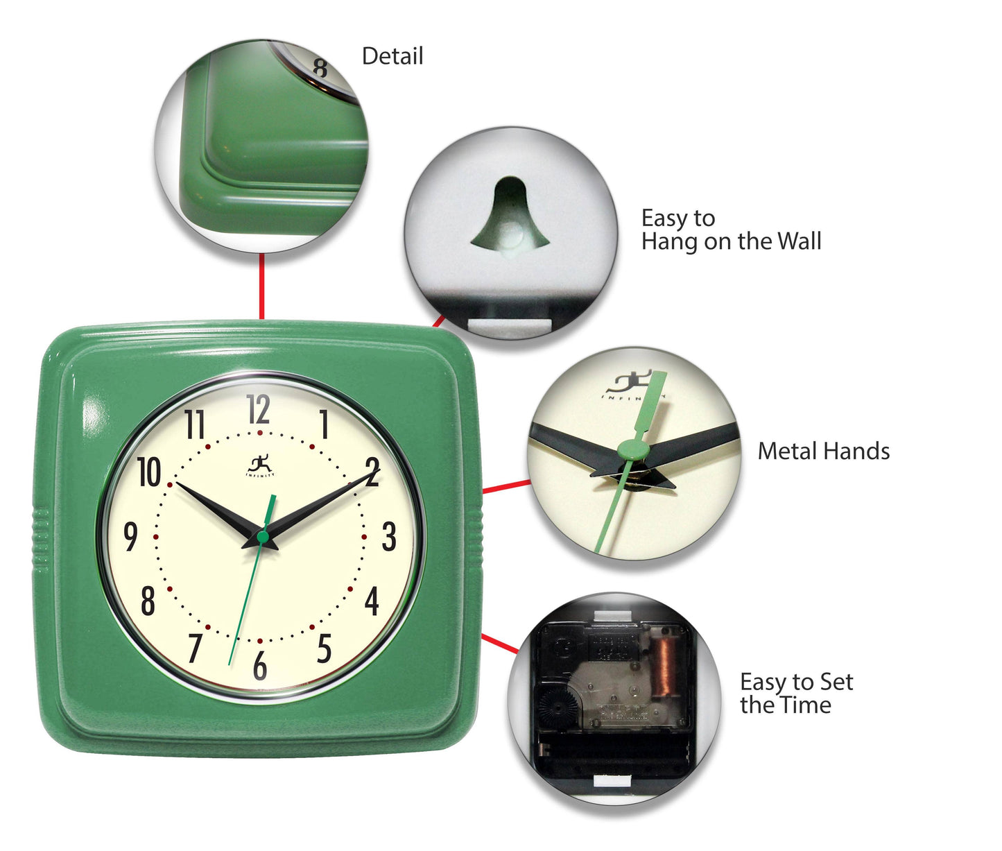 Retro Square Green Indoor Wall Clock 9.25 Inch